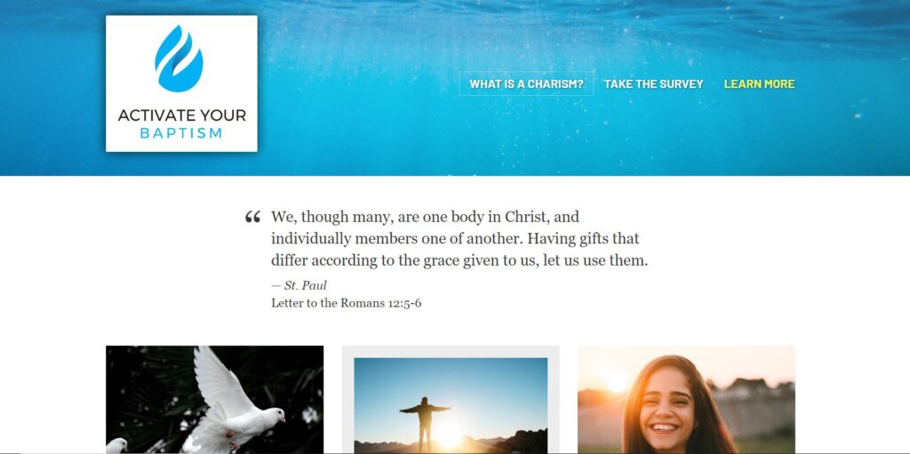 Activate Your Baptism website homepage screenshot.
